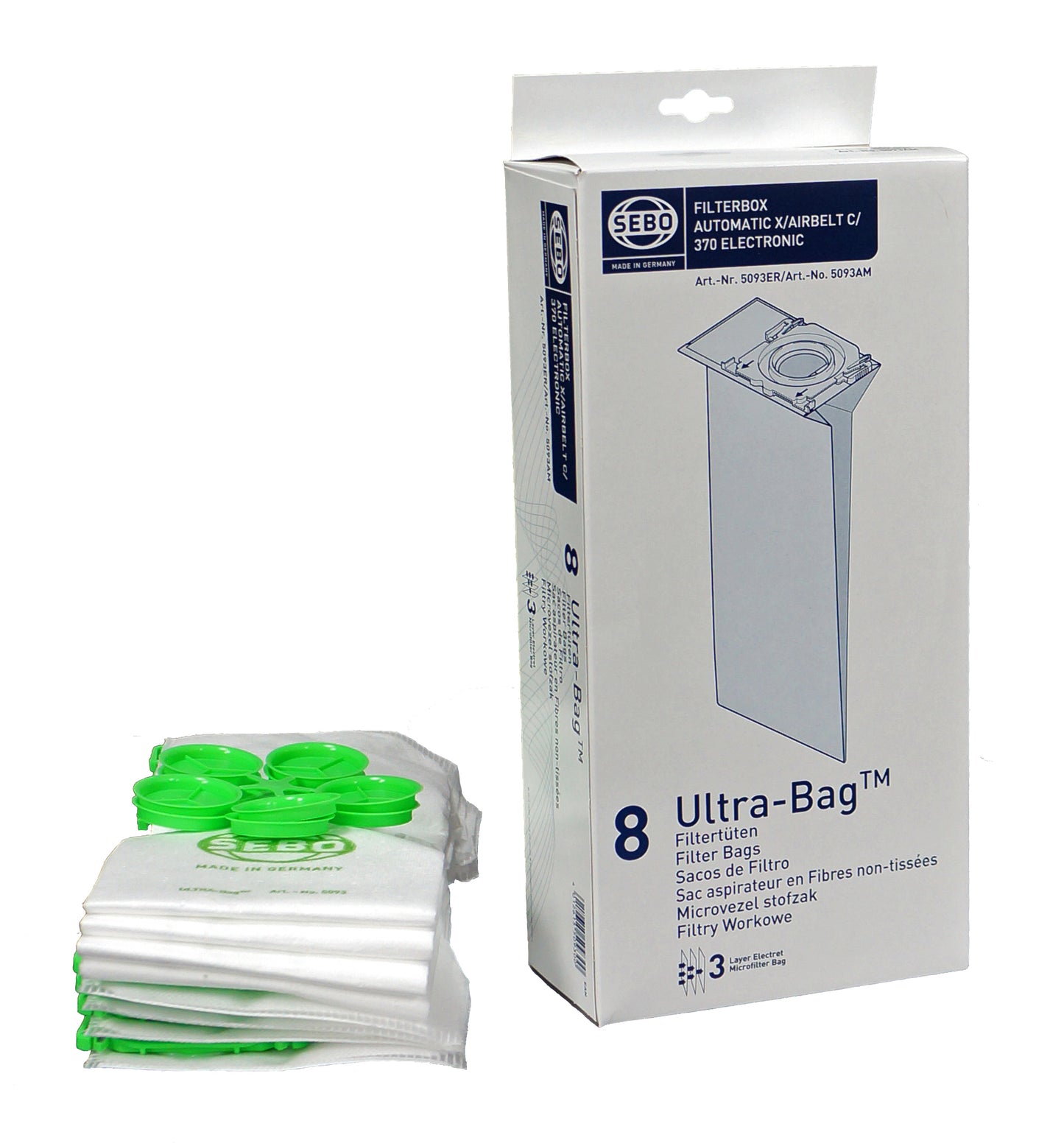 Sebo 5093 Filter Bag Box - X, G, C, 300, 350, and 370, 8 three-layer AeraPure Bags with caps