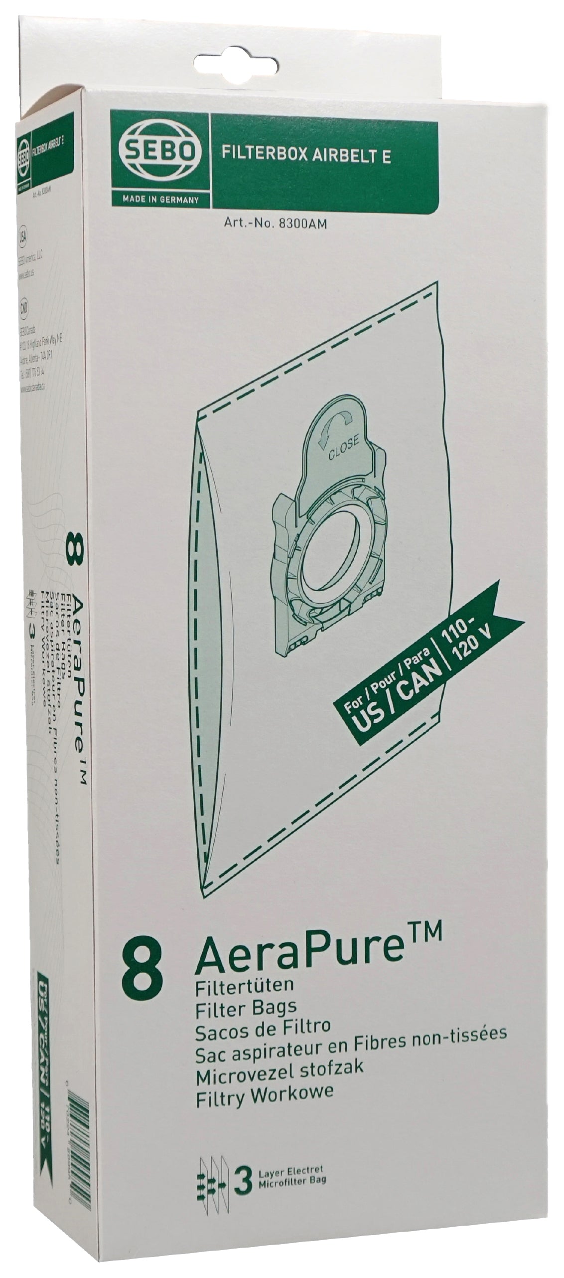 Sebo 8300 Filter Bag Box AIRBELT E, 8 three-layer AeraPure Bags with caps
