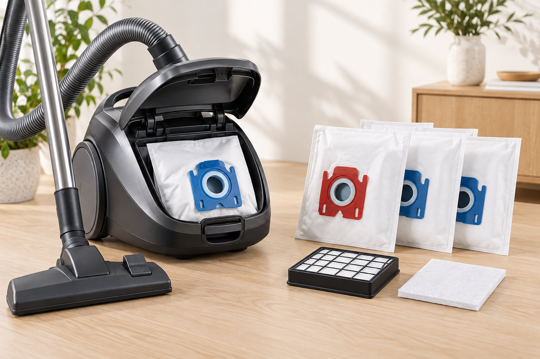 Miele-style vacuum filter bags beside a bagged canister vacuum