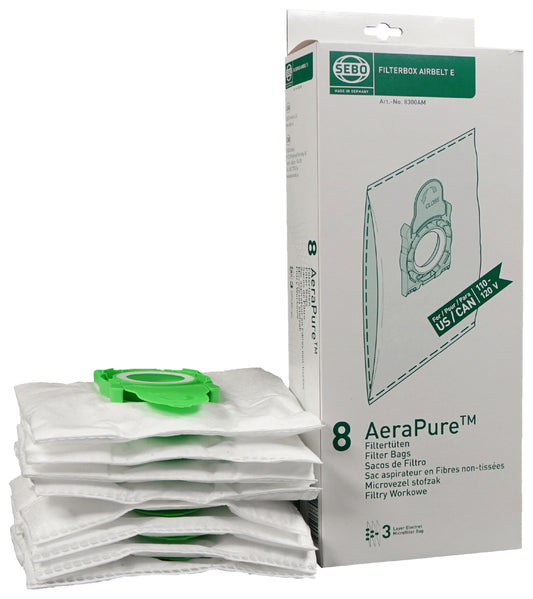 Sebo 8300 Filter Bag Box AIRBELT E, 8 three-layer AeraPure Bags with caps